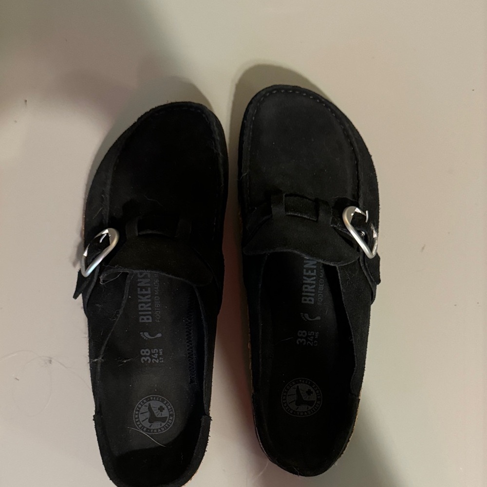 Birkenstock Black Suede Slip-Ons with Silver Buckle